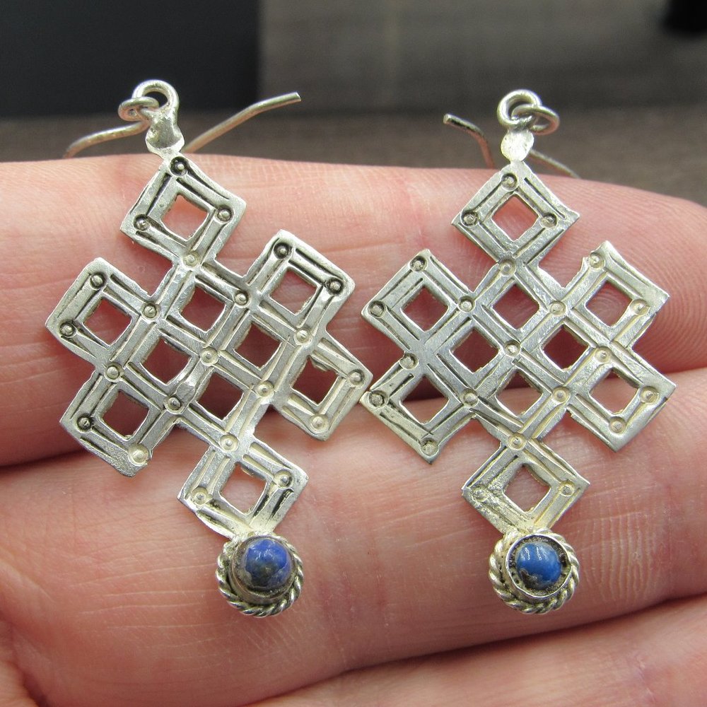 Sterling Tarnished Lapis Lazuli Stone Earrings